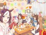  6+girls alternate_costume animal_ears arm_up bed birthday_cake birthday_party blue_eyes bottle bow box braid brown_hair cake casual closed_eyes cookie cup curtains cushion desk_lamp disposable_cup domino_mask doughnut ear_covers el_condor_pasa_(umamusume) english_text eyebrows_visible_through_hair food fork gift gift_bag gift_box grass_wonder_(umamusume) hair_ornament hairclip happy_birthday haru_urara_(umamusume) holding holding_cup holding_fork holding_phone hood hoodie horse_ears horse_girl horse_tail indoors king_halo_(umamusume) knife lamp light_brown_hair light_green_hair long_hair long_sleeves mask muffin multicolored_hair multiple_girls ninjin_nouka open_mouth paper_chain phone picture_frame pillow pink_hair pizza pizza_cutter plant plate ponytail potted_plant purple_eyes red_eyes sash seiun_sky_(umamusume) shelf shirt short_hair shorts single_ear_cover sitting skirt special_week_(umamusume) sweater sweater_vest table tail taking_picture two-tone_hair umamusume v white_hair wooden_floor 