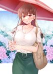  1girl bangs blue_flower breasts brown_eyes brown_hair commentary_request eyebrows_visible_through_hair flower green_skirt holding holding_umbrella hydrangea kantai_collection large_breasts long_hair ooi_(kancolle) outdoors purple_flower rain red_umbrella revision rui_shi_(rayze_ray) shirt shirt_tucked_in short_sleeves skirt solo standing taut_clothes taut_shirt umbrella white_shirt 