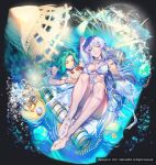  2girls bangs blue_eyes bracelet breasts closed_mouth green_hair hardcore_leveling_warrior hero_cantare jewelry khun_maschenny_zahard lime_(hardcore_leveling_warrior) long_hair looking_at_viewer lying medium_breasts multiple_girls navel necklace official_art on_back one-piece_swimsuit silver_hair simple_background slime_(creature) smile splashing swimsuit tower_of_god water yagaaaa yellow_eyes 