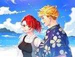  1boy 1girl bangs beach black_tank_top blonde_hair blush cloud couple day earrings genderswap genderswap_(mtf) granblue_fantasy green_eyes hawaiian_shirt jacket jewelry looking_at_another looking_at_viewer open_clothes open_jacket open_mouth outdoors percival_(granblue_fantasy) ponytail red_eyes red_hair satoimo_sanda see-through see-through_jacket shirt short_hair sky smile tank_top tied_hair undercut upper_body vane_(granblue_fantasy) 