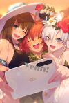  3girls ahoge anastasia_(fate) anastasia_(swimsuit_archer)_(fate) bangs bare_shoulders bikini black_bikini blue_bikini blue_eyes blush braid breasts brown_hair cellphone chaldea_pathfinder charlotte_corday_(fate) charlotte_corday_(swimsuit_caster)_(fate) cleavage closed_eyes collarbone doll dress dress_swimsuit echo_(circa) fate/grand_order fate_(series) flower flower_wreath fujimaru_ritsuka_(female) green_eyes hair_ornament hair_over_one_eye hair_scrunchie hat head_wreath jewelry large_breasts long_hair looking_at_viewer medium_breasts mismatched_bikini multiple_girls necklace one_eye_closed one_side_up open_mouth orange_hair orange_sky phone scout_uniform scrunchie selfie short_hair side_braid silver_hair sky smile sun_hat swimsuit twilight twin_braids very_long_hair viy_(fate) white_dress white_headwear 