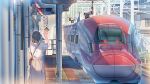  1girl bag black_hair daito duplicate ground_vehicle original overhead_line pixel-perfect_duplicate railroad_tracks shinkansen shirt short_hair solo train train_station train_station_platform waving white_shirt 