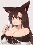  1girl animal_ear_fluff animal_ears bangs bare_shoulders breasts brooch brown_hair cleavage closed_mouth collarbone cropped_torso dress eyebrows_visible_through_hair fang fang_out gem grey_background hair_between_eyes highres imaizumi_kagerou jewelry kaginoni large_breasts long_hair long_sleeves looking_at_viewer off-shoulder_dress off_shoulder red_eyes ruby_(gemstone) simple_background smile solo sparkle touhou upper_body white_background white_dress wolf_ears 