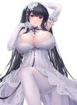  1girl absurdres arm_up armpits azur_lane black_hair blush breasts bridal_gauntlets cleavage dress flower hair_flower hair_ornament highres large_breasts long_hair looking_at_viewer official_alternate_costume pantyhose peter_strasser_(a_moment_frozen_in_pure_white)_(azur_lane) peter_strasser_(azur_lane) red_eyes seductive_smile smile solo wedding_dress white_dress white_legwear yuuki_shuri 
