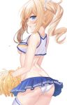  1girl absurdres barbara_(genshin_impact) bare_arms bare_shoulders blonde_hair blue_eyes blush breasts cheerleader crop_top drill_hair from_side genshin_impact hayasaka_(a865675167774) highres microskirt no_bra open_mouth panties pleated_skirt pom_pom_(cheerleading) pom_pom_(clothes) shirt simple_background skirt sleeveless sleeveless_shirt small_breasts thighhighs twin_drills underboob underwear white_background white_panties 