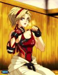  1990s_(style) 1girl belt black_belt black_gloves blonde_hair blue_eyes breasts cleavage clothes_around_waist commentary_request crest dojo dougi elbow_pads fingerless_gloves gloves headband highres hot karate_gi leotard leotard_under_clothes lidia_sobieska looking_at_viewer medium_breasts muscular muscular_female no_bra open_mouth pulled_by_self red_headband red_leotard retro_artstyle scar scar_across_eye seiza short_ponytail single_elbow_pad sitting solo strap_pull sweat tekken tekken_7 watermark youdotan 