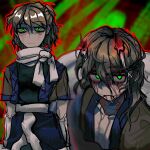  1girl alternate_ears bags_under_eyes black_shirt blood blood_on_face brown_hair brown_shirt candle closed_mouth expressionless green_eyes hair_between_eyes half_updo hashihime highres long_bangs looking_at_viewer mizuhashi_parsee mouth_hold nail outline red_outline sash scarf shiri_fusang shirt short_hair short_sleeves touhou undershirt upper_body white_sash white_scarf 