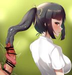  1boy 1girl bar_censor black_hair breasts censored erection fascr00 fellatio hetero highres large_breasts long_tongue mawile oral penis personification pokemon red_eyes shirt short_sleeves side_ponytail tongue white_shirt 