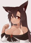  1girl animal_ear_fluff animal_ears bangs bare_shoulders breasts brooch brown_hair cleavage closed_mouth collarbone cropped_torso dress eyebrows_visible_through_hair fang fang_out gem grey_background hair_between_eyes highres imaizumi_kagerou jewelry kaginoni large_breasts long_hair long_sleeves looking_at_viewer off-shoulder_dress off_shoulder red_eyes ruby_(gemstone) simple_background smile solo sparkle tan tanlines touhou upper_body white_background white_dress wolf_ears 