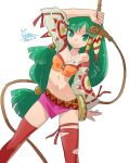  1girl breasts closed_mouth feena_(grandia) grandia grandia_i green_eyes green_hair hair_ornament hair_tubes highres jewelry long_hair looking_at_viewer low-tied_long_hair midriff navel necklace oyster_(artist) simple_background skirt smile solo thighhighs white_background 