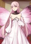  1girl bangs blush breasts breasts_outside butterfly_wings clothes_pull coral_(fate) detached_sleeves dress dress_pull elfenlied22 fairy fairy_wings fate/grand_order fate_(series) jewelry long_hair looking_at_viewer medium_breasts neck_ring nipples open_mouth pink_eyes pink_wings pointy_ears puffy_sleeves solo white_dress wings 