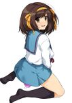  1girl bangs black_legwear blue_sailor_collar blue_skirt blush bob_cut bow breasts brown_eyes brown_hair clothed_masturbation commentary dildo dress_shirt eyebrows_visible_through_hair from_side full_body hair_bow hair_ribbon hair_strand hairband haruhisky highres kita_high_school_uniform kneehighs kneeling large_breasts long_sleeves looking_at_viewer looking_back looking_to_the_side masturbation nervous nervous_smile nose_blush open_mouth pussy_juice pussy_juice_puddle pussy_juice_trail red_ribbon ribbon sailor_collar school_uniform serafuku sex_toy shirt short_hair simple_background skirt smile solo spread_legs suzumiya_haruhi suzumiya_haruhi_no_yuuutsu sweatdrop white_background white_shirt yellow_bow yellow_hairband yellow_ribbon 