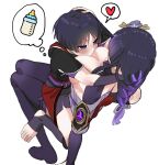  1220_(fowlr) 1boy 1girl between_breasts blue_eyes blush bottle braid breasts cleavage commentary flower genshin_impact hair_ornament head_between_breasts headpat heart heart-shaped_pupils hetero japanese_clothes kimono large_breasts long_hair milk_bottle purple_flower purple_hair raiden_shogun scaramouche_(genshin_impact) simple_background spoken_heart stirrup_legwear symbol-only_commentary symbol-shaped_pupils thighhighs thought_bubble toeless_legwear white_background 