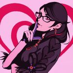  1girl bayonetta bayonetta_(series) bayonetta_3 black_hair braid clothing_cutout earrings eyeshadow glasses gloves jewelry lipstick long_hair looking_at_viewer makeup mole mole_under_mouth moshimoshibe multicolored_hair twin_braids 