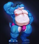  2015 3_toes anthro black_background blue_body blue_eyes blue_hair blue_skin bulge clothed clothing cyan_yoshi detailed_bulge dinosaur eyewear feet flexing flexing_bicep front_view glasses hackel hackelrex hair hybrid krokodainer male mario_bros moobs mostly_nude multicolored_body multicolored_skin musclegut muscular muscular_arms nails navel nintendo nipples overweight overweight_anthro overweight_male pink_clothing pink_underwear prehistoric_species red_nipples reflection reflective_floor reptile scalie short_tail simple_background solo standing tail theropod toenails toes two_tone_body two_tone_skin tyrannosaurid tyrannosauroid tyrannosaurus tyrannosaurus_rex underwear underwear_only white_body white_skin yoshi 