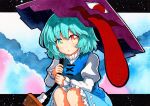  1girl :o aqua_hair bangs blue_eyes blue_skirt blue_vest eyebrows_visible_through_hair frilled_skirt frills heterochromia holding holding_umbrella juliet_sleeves karakasa_obake long_sleeves puffy_sleeves qqqrinkappp red_eyes shirt short_hair skirt solo tatara_kogasa texture tongue touhou traditional_media umbrella vest white_shirt 