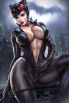  1girl bat_signal batman_(series) black_bodysuit black_choker bodysuit breasts catsuit catwoman choker cleavage dandon_fuga dc_comics goggles goggles_on_head highres large_breasts makeup night night_sky open_clothes rain red_goggles red_lips sky solo toned wet 