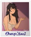  1girl absurdres black_eyes black_hair breasts character_name cleavage clothes_writing collarbone commentary english_commentary english_text half-closed_eyes highres large_breasts long_hair looking_at_viewer lukas_klaudat messy_hair no_bra on_bed original polaroid sleepy solo spaghetti_strap strap_slip tank_top under_covers waking_up 