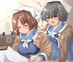  1boy 2girls admiral_(kancolle) ahoge black_hair blue_skirt blush breasts brown_hair brown_shawl chougei_(kancolle) drunk eyebrows_visible_through_hair hair_between_eyes hair_flaps hair_ornament hairclip highres japanese_clothes jingei_(kancolle) kantai_collection kasashi_(kasasi008) large_breasts long_hair military military_uniform motion_lines multiple_girls naval_uniform neckerchief open_mouth parted_lips pleated_skirt red_eyes shawl skirt uniform white_neckerchief 