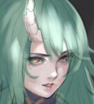  1girl arknights chinese_commentary commentary_request green_hair horns hoshiguma_(arknights) kamkac long_hair looking_at_viewer parted_lips portrait single_horn solo yellow_eyes 