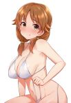  1girl bangs bikini blush breasts brown_eyes brown_hair cleavage closed_mouth commentary_request eyebrows_visible_through_hair idolmaster idolmaster_cinderella_girls katagiri_sanae large_breasts long_hair looking_at_viewer low_twintails navel parted_bangs pull short_twintails simple_background solo strap_pull swimsuit tomajiyama tongue tongue_out twintails untied untied_bikini white_background white_bikini 