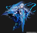  1girl absurdres armor bangs blue_cape blue_dress cape dress electricity energy_sword high_heels highres holding holding_sword holding_weapon khun_maschenny_zahard leenim long_dress long_hair looking_at_viewer magic official_art open_mouth own_hands_together pauldrons shoulder_armor silver_hair simple_background smile solo sword tower_of_god weapon 