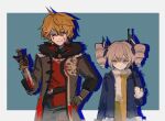  1boy 1girl bangs black_gloves blood blood_on_clothes blood_on_face blood_on_gloves blood_on_knife blue_background blue_eyes blue_jacket border bronya_zaychik bronya_zaychik_(snowy_sniper) brown_coat brown_hair closed_mouth coat company_connection crossover drill_hair genshin_impact gloves grey_eyes grey_hair grin gun hair_between_eyes hair_ribbon hand_on_hip highres holding holding_gun holding_knife holding_weapon honkai_(series) honkai_impact_3rd jacket knife long_sleeves looking_at_another mihoyo_technology_(shanghai)_co._ltd. red_shirt ribbon rifle sasorin scarf shirt short_hair smile sniper_rifle tartaglia_(genshin_impact) teeth twin_drills weapon white_scarf yellow_shirt 