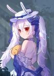 1girl animal_ears arm_strap azur_lane backless_dress backless_outfit bangs bareback blue_ribbon cheshire_(azur_lane) cheshire_(azur_lane)_(cosplay) cheshire_(the_cat_and_the_white_steed)_(azur_lane) cosplay dated dress evening_gown fake_animal_ears from_behind hair_between_eyes hair_ribbon hat highres laffey_(azur_lane) layered_dress long_hair manjuu_(azur_lane) official_alternate_costume rabbit_ears red_eyes ribbon solo sun_hat twintails very_long_hair white_dress white_hair white_headwear xiao_shi_lullaby 