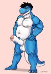  2015 4_fingers 4_toes anthro balls banana_da_boi big_penis black_hair blue_body blue_skin blue_tail bodily_fluids cyan_yoshi dinosaur dripping erection eyewear feet fingers foreskin front_view genital_fluids genitals glans glasses hackel hackelrex hair hand_on_hip hand_on_penis hi_res humanoid_genitalia humanoid_penis hybrid male mario_bros masturbation moobs multicolored_body multicolored_skin musclegut muscular nails navel nintendo nipples nude partially_retracted_foreskin penis pink_glans pink_nipples plantigrade precum precum_drip prehistoric_species reptile scalie shadow signature simple_background solo standing tail tan_background teeth theropod thick_penis toenails toes tongue tongue_out two_tone_body two_tone_skin tyrannosaurid tyrannosauroid tyrannosaurus tyrannosaurus_rex white_balls white_body white_foreskin white_penis white_skin white_tail yoshi 