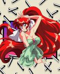  1990s_(style) 1girl absurdres bad_link bare_shoulders blue_eyes breasts dress earrings hair_ribbon highres jewelry long_hair ponytail potiri02 ranma-chan ranma_1/2 red_hair retro_artstyle ribbon solo strapless strapless_dress 
