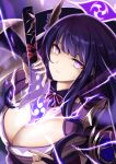  1girl armor bangs breasts bridal_gauntlets cleavage commentary_request drawing_sword electricity flower genshin_impact hair_ornament holding holding_sword holding_weapon human_scabbard japanese_clothes kimono large_breasts long_hair looking_at_viewer mitsudomoe_(shape) mole mole_under_eye obi obiage open_mouth purple_eyes purple_flower purple_hair purple_nails raiden_shogun reon_(mrwv3733) ribbon sash shoulder_armor solo sword tomoe_(symbol) weapon 