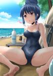  1girl ass bangs bare_arms bare_legs barefoot beach black_swimsuit blue_hair blue_sky bottle breasts cleavage cloud covered_nipples cup day dirty dirty_feet eyebrows_visible_through_hair feet hair_bun highres homare_(suzu_no_oka) ocean one-piece_swimsuit outdoors parted_lips purple_eyes sand school_swimsuit shima_rin sidelocks sky small_breasts solo spread_legs swimsuit table tent toes yurucamp 