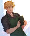  1boy apron bangs black_shirt blonde_hair blush granblue_fantasy green_apron green_eyes holding holding_pen looking_at_viewer male_focus open_mouth pen satoimo_sanda shirt short_hair sleeves_rolled_up smile solo sunlight teeth undercut upper_body upper_teeth vane_(granblue_fantasy) 