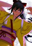  1boy bow highres japanese_clothes katana kimono long_hair looking_to_the_side moon mygiorni okiku_(one_piece) one_piece sash solo sword tasuki weapon 