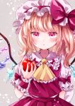 1girl apple ascot bangs blonde_hair blush commentary crystal eyebrows_visible_through_hair flandre_scarlet food frilled_shirt_collar frills fruit grey_background hat hat_ribbon heart heart-shaped_pupils jaku_sono looking_at_viewer mob_cap pointy_ears puffy_short_sleeves puffy_sleeves red_eyes red_vest ribbon short_sleeves side_ponytail simple_background solo symbol-shaped_pupils touhou vest wings wrist_cuffs yellow_ascot 