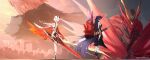  3girls armor bangs bare_shoulders benares_(honkai_impact) boots cape disembodied_limb dragon full_body gauntlets hair_between_eyes hair_ornament highres holding holding_sword holding_weapon honkai_(series) honkai_impact_3rd horns katana kiana_kaslana kiana_kaslana_(herrscher_of_flamescion) long_hair multiple_girls murata_himeko murata_himeko_(vermillion_knight) outdoors outstretched_arm ponytail purple_hair raiden_mei raiden_mei_(herrscher_of_thunder) rain_sama red_hair sword thigh_boots thighhighs torn_cape torn_clothes weapon white_footwear white_hair white_legwear 