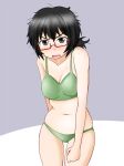  1girl black_hair blue_eyes blush bra breasts cleavage collarbone commentary_request eyebrows_visible_through_hair girls_und_panzer glasses green_bra green_panties medium_breasts navel open_mouth oryou_(girls_und_panzer) panties shiny shiny_hair short_hair skindentation solo standing sweat tanaka_rikimaru two-tone_background underwear 