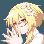  1girl alternate_costume aqua_background bangs bespectacled blonde_hair brill_p casual close-up commentary_request contemporary eyebrows_visible_through_hair fingers_together flower genshin_impact glasses grey_nails hair_between_eyes hair_flower hair_ornament looking_at_viewer lumine_(genshin_impact) own_hands_together parted_bangs parted_lips shirt short_hair short_hair_with_long_locks sidelocks simple_background solo steepled_fingers turtleneck white_flower white_shirt yellow_eyes 