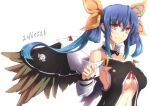  1girl angel_wings asymmetrical_wings bangs bare_shoulders blue_hair breasts choker dated detached_sleeves dizzy_(guilty_gear) eyebrows_visible_through_hair guilty_gear guilty_gear_vastedge_xt hair_between_eyes hair_ribbon hair_rings kuro_goma_(kakkou11) large_breasts long_hair looking_at_viewer midriff red_eyes ribbon sideboob simple_background smile solo stomach twintails underboob upper_body white_background wings yellow_ribbon 