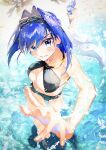  1girl :d absurdres bangs bare_arms barefoot bikini black_bikini black_swimsuit blue_bow blue_eyes blue_hair blush bow bow_earrings breasts chain cleavage clothing_cutout earrings highres hololive hololive_english iris_(tb33064667) jewelry large_breasts looking_at_viewer medium_hair open_mouth ouro_kronii see-through smile solo splashing swimsuit toes veil virtual_youtuber wading water water_gun 