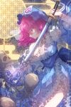  1girl bangs blue_headwear blue_kimono chiroru_(cheese-roll) eyebrows_visible_through_hair frilled_kimono frills hair_between_eyes hat highres holding holding_sword holding_weapon japanese_clothes katana kimono long_sleeves mob_cap pink_eyes pink_hair revision saigyouji_yuyuko short_hair skeleton solo sword touhou triangular_headpiece weapon wide_sleeves 