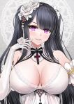  1girl azur_lane black_hair breasts cleavage detached_collar dress elbow_gloves flower gloves hair_flower hair_ornament highres lace-trimmed_dress lace_trim large_breasts lingerie long_hair looking_at_viewer negligee official_alternate_costume peter_strasser_(a_moment_frozen_in_pure_white)_(azur_lane) peter_strasser_(azur_lane) purple_eyes rose sai-go see-through_dress simple_background sleepwear smile solo strapless strapless_dress underwear upper_body white_dress white_flower white_gloves white_negligee white_rose 