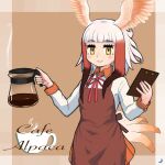 1girl adapted_costume apron bangs bird_girl bird_tail bird_wings black_hair blush coffee coffee_pot collar collared_shirt commentary cowboy_shot eyebrows_visible_through_hair head_wings japanese_crested_ibis_(kemono_friends) kemono_friends long_sleeves neck_ribbon obsession36 pleated_skirt red_apron red_collar red_ribbon red_shirt red_skirt ribbon shirt short_hair sidelocks skirt solo tail two-tone_shirt white_hair white_shirt wings yellow_eyes 