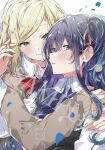  2girls absurdres blonde_hair blue_bow blue_bowtie blue_eyes blue_hair bow bowtie brown_cardigan cardigan closed_mouth collared_shirt commentary_request dress_shirt falling_petals green_hair hair_ribbon hand_in_another&#039;s_hair highres hug izumi_shiho long_hair long_sleeves looking_at_viewer medium_hair mizuguchi_aki multiple_girls official_art one_side_up parted_lips petals plaid_bow plaid_bowtie plaid_clothes red_bow red_bowtie ribbon sample_watermark sasayaku_you_ni_koi_wo_utau school_uniform second-party_source shirt sleeves_past_wrists takeshima_eku unmoving_pattern watermark white_shirt yellow_ribbon yuri 