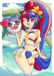  1girl alear_(female)_(fire_emblem) alear_(female)_(seaside_dragon)_(fire_emblem) alear_(fire_emblem) bikini blue_bikini blue_hair breasts character_ball cleavage criss-cross_halter crossed_bangs fire_emblem fire_emblem_engage fire_emblem_heroes halterneck heterochromia hoshinokotta medium_breasts multicolored_bikini multicolored_clothes multicolored_hair multicolored_swimsuit official_alternate_costume official_alternate_hairstyle one_eye_closed ponytail red_bikini red_eyes red_hair split-color_hair swimsuit two-tone_hair white_bikini 