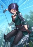  1girl adsouto arrow_(projectile) black_gloves black_hair black_pants blue_hair bodice boots bow_(weapon) breasts cleavage fire_emblem fire_emblem:_three_houses gloves green_footwear green_jacket high_heel_boots high_heels highres holding holding_arrow holding_bow_(weapon) holding_weapon jacket large_breasts looking_at_viewer pants purple_eyes quiver shamir_nevrand solo weapon 