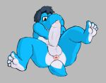  2016 4_toes anthro anus balls banana_da_boi big_penis blue_body blue_butt blue_eyes blue_hair blue_skin bodily_fluids butt cyan_yoshi erection feet floating_eyebrows foreskin genital_fluids genitals grey_background hackel hair looking_down lying male mario_bros nintendo nude on_back penis pink_anus plantigrade precum presenting presenting_anus presenting_balls presenting_hindquarters presenting_penis scalie short_tail simple_background solo tail toes unretracted_foreskin white_balls white_body white_foreskin white_penis white_skin yoshi 