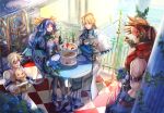  1girl 3boys asymmetrical_wings blonde_hair blue_eyes blue_flower blue_hair blue_rose brown_hair cake crossed_legs cup cupcake dessert dizzy_(guilty_gear) dog eyepatch family father_and_daughter father_and_son flower food guilty_gear guilty_gear_xrd hand_in_pocket husband_and_wife ky_kiske long_hair mother_and_son multiple_boys plant red_eyes rose shinrin_kusaba short_hair sin_kiske sitting sitting_on_object sol_badguy sunlight tea teacup twintails wings 