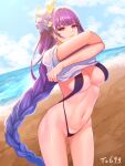 1girl absurdres arms_up bangs beach black_swimsuit blue_sky blunt_bangs braid breasts cleavage cloud commission cowboy_shot day flower genshin_impact hair_flower hair_ornament highres kibellin korean_commentary large_breasts long_hair looking_at_viewer navel ocean outdoors parted_lips purple_eyes purple_flower purple_hair raiden_shogun shirt short_sleeves single_braid sky slingshot_swimsuit smile solo standing stomach swimsuit thighs undressing very_long_hair water white_shirt 