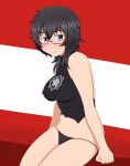  1girl bare_shoulders black_hair black_panties blue_eyes blush breasts closed_mouth commentary_request covered_nipples girls_und_panzer glasses large_breasts looking_at_viewer navel oryou_(girls_und_panzer) panties shiny shiny_hair shiny_skin short_hair simple_background sitting solo tanaka_rikimaru three-toned_background underwear 